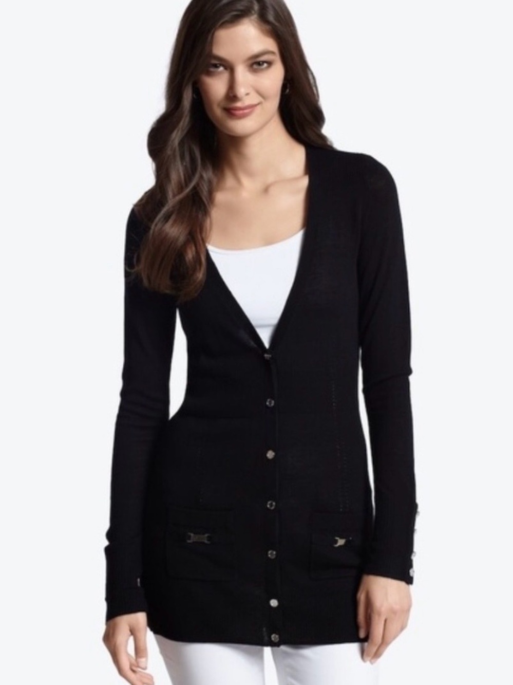 WHBM 100% Merino Black Long V-Neck Button Cardigan M